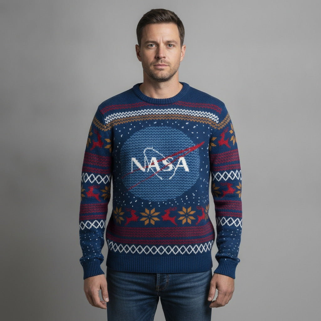 NASA Meatball Logo Ugly Christmas Sweater Fair Isle Knit Blue Size M