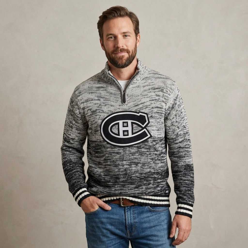 Montreal Canadiens NHL 1/4 Zip Knit Sweater Gray Black Habs Ilanco Retro Size M