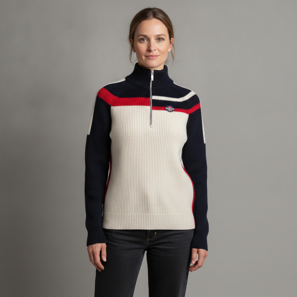 Vuarnet Half Zip Ribbed Wool Blend Ski Sweater Navy Red Cream Size S