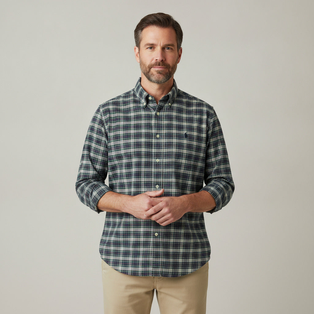Ralph Lauren Men's Plaid Oxford Button Down Shirt Green Navy XXL 2000s Y2K Era
