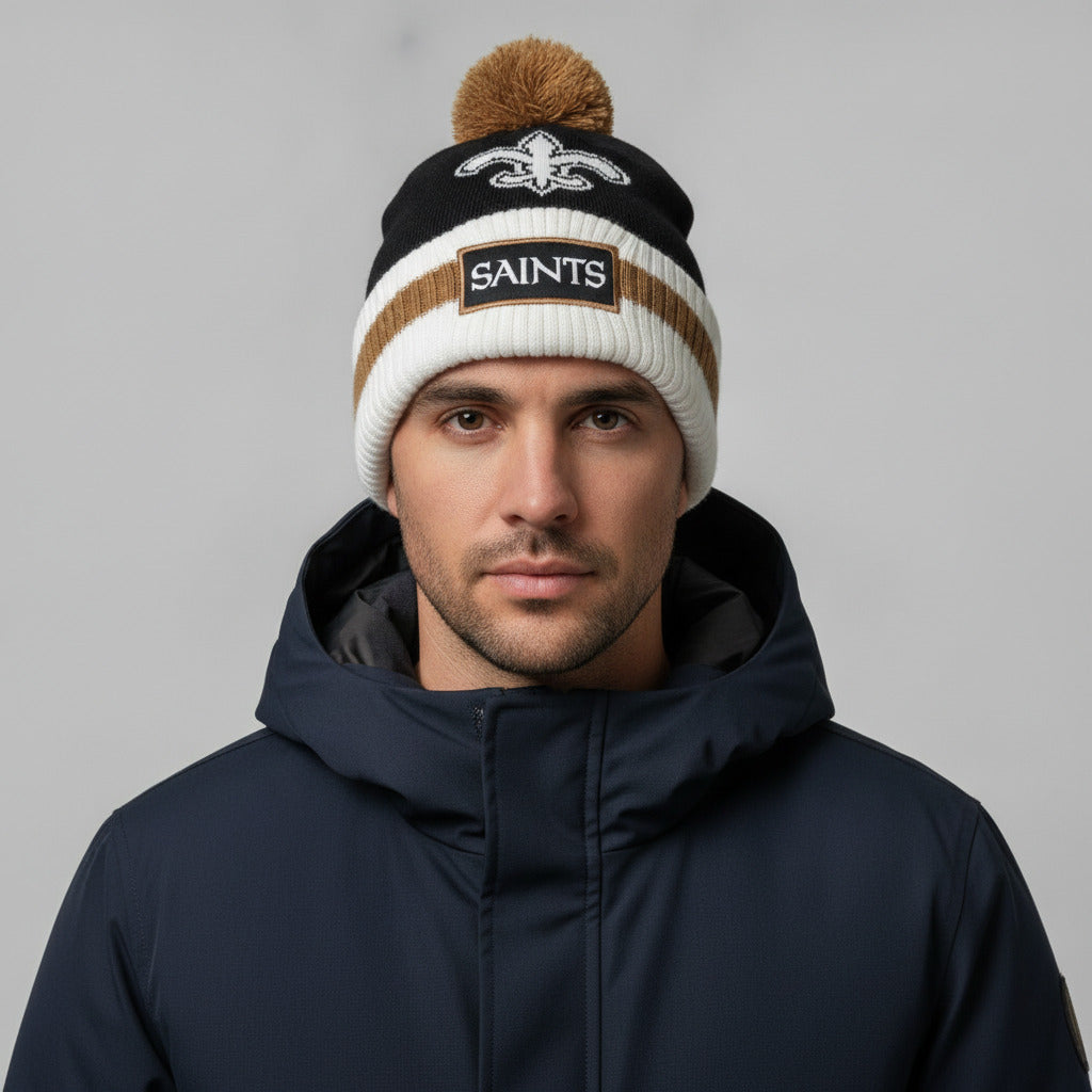 New Orleans Saints Bud Light NFL Cuffed Pom Knit Beanie Hat Black Gold Promo