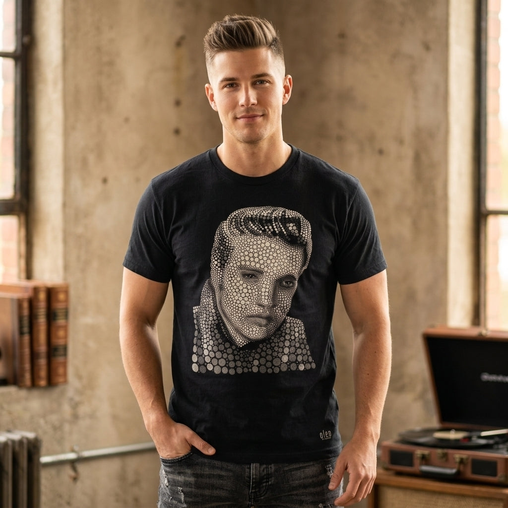 Elvis Presley Dot Art Graphic Tee Black Oleo Art Design Made in Mexico Size M