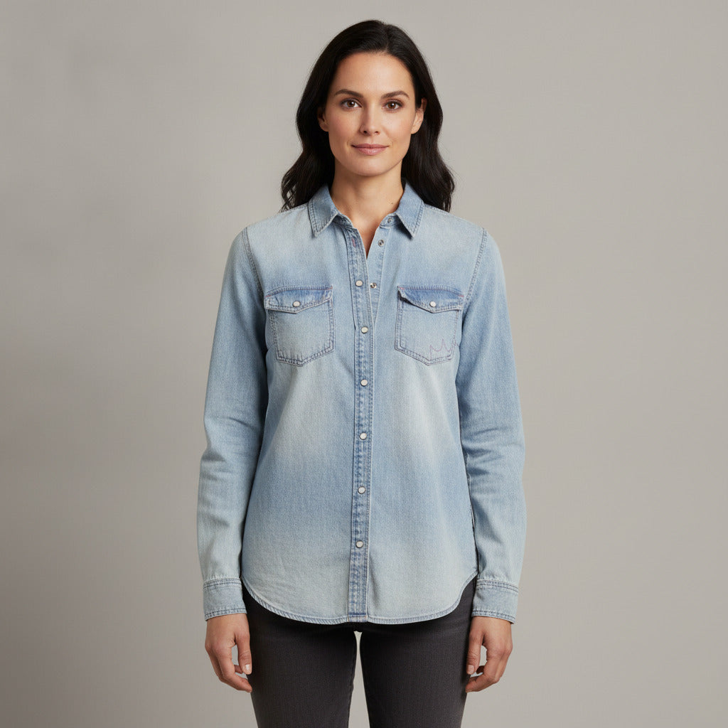 Marc Cain Women's Light Wash Chambray Distressed Denim Button Snap Shirt Size N4