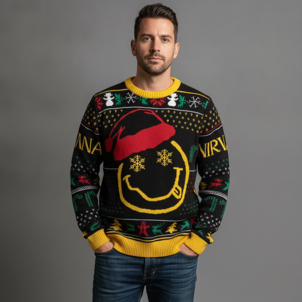 Nirvana Smiley Face Ugly Christmas Sweater Santa Hat Black Yellow Knit Size S