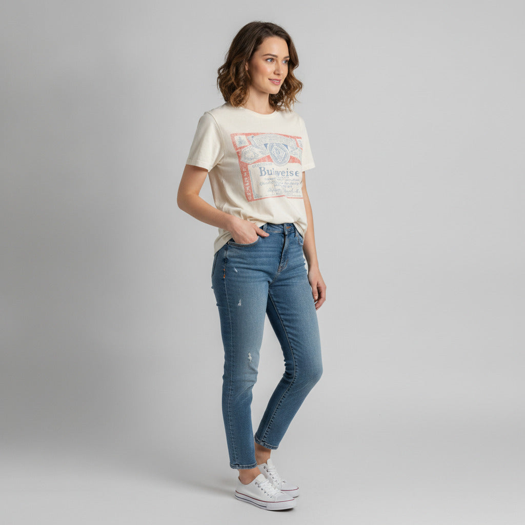 Budweiser Genuine Lager Vintage Style Graphic Tee Cream Womens Size L