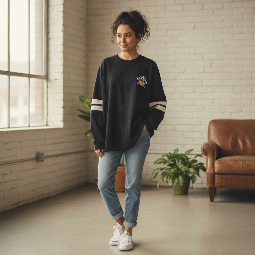 Disney Mickey Mouse Women’s Small Black Varsity Jersey Long Sleeve Graphic Shirt