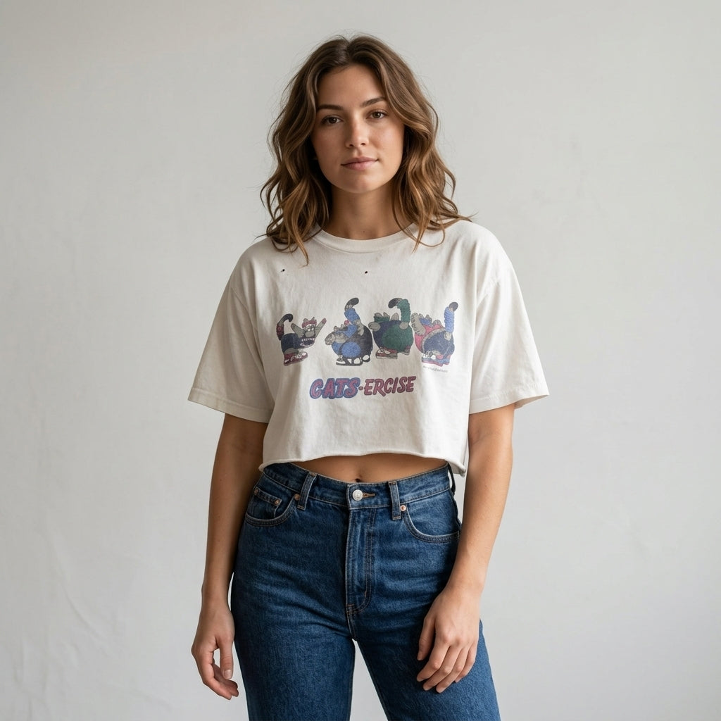 Vintage 90s Northern Reflections Cats-ercise Cropped Graphic T-Shirt White L