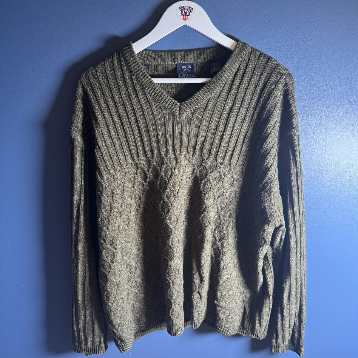Vintage Jantzen Signature Olive Cable Knit V-Neck Sweater Made In Korea Sz L