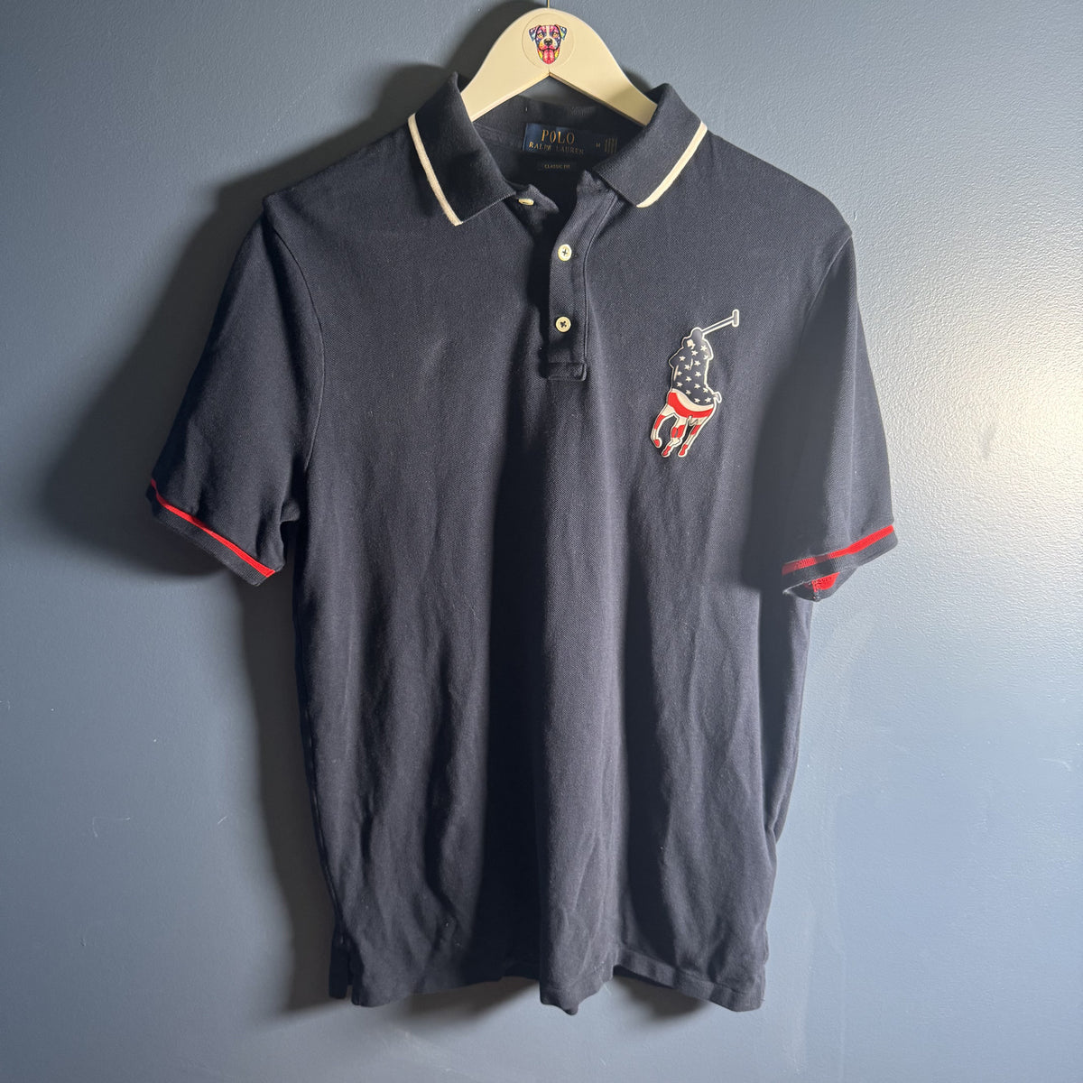 Polo Ralph Lauren Classic Fit Big Pony USA Flag Navy Polo Shirt Men’s Medium