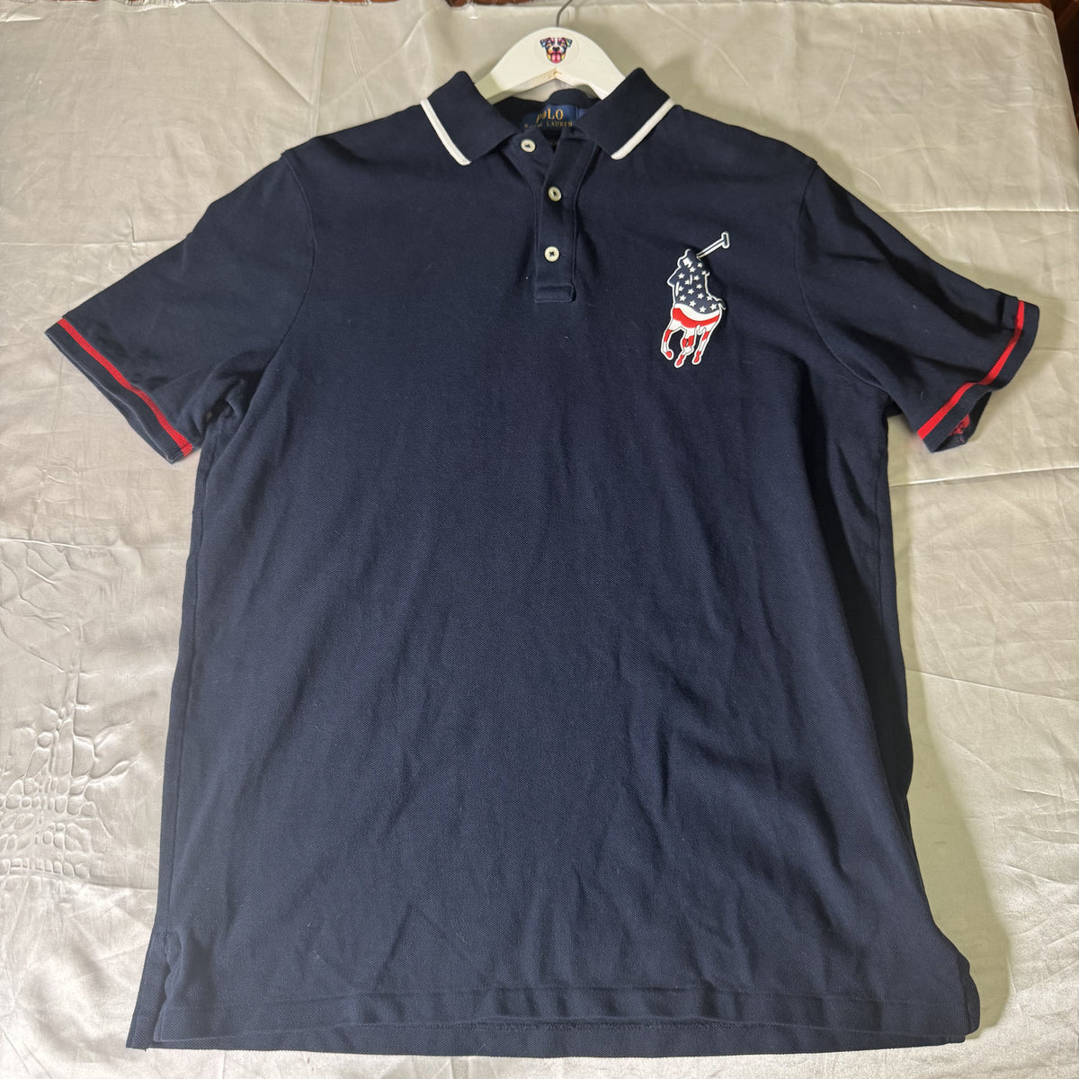 Polo Ralph Lauren Classic Fit Big Pony USA Flag Navy Polo Shirt Men’s Medium