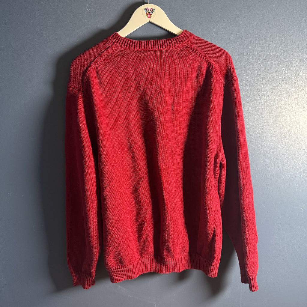 Vintage 90s Eddie Bauer Red Cotton V-Neck Sweater Made in Hong Kong XL