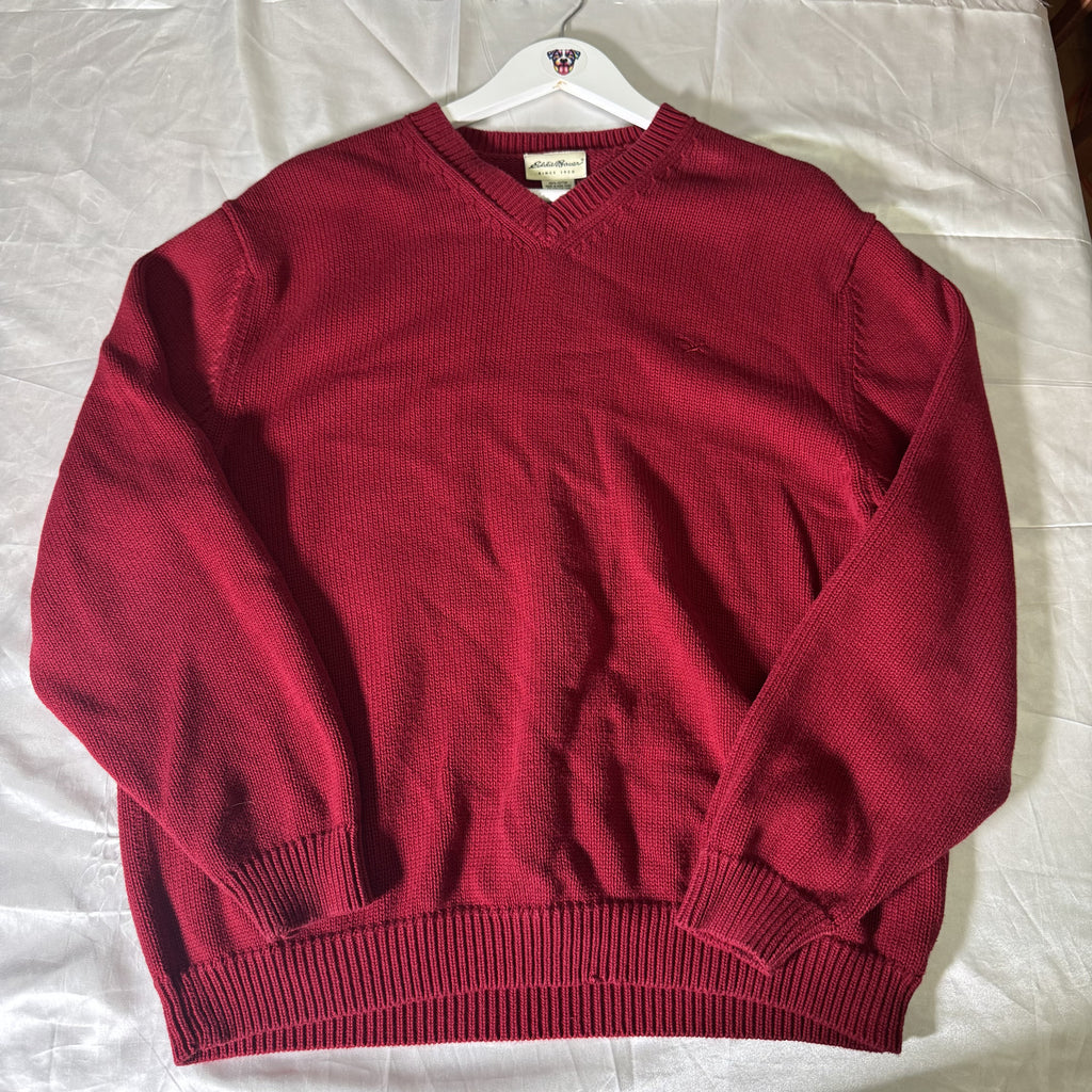 Vintage 90s Eddie Bauer Red Cotton V-Neck Sweater Made in Hong Kong XL