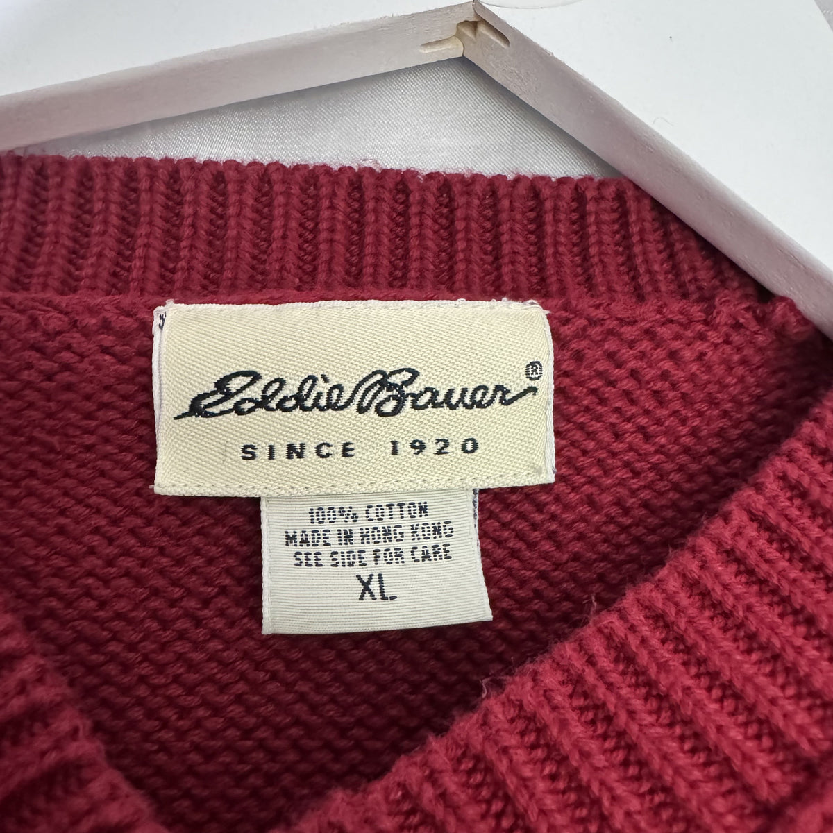 Vintage 90s Eddie Bauer Red Cotton V-Neck Sweater Made in Hong Kong XL