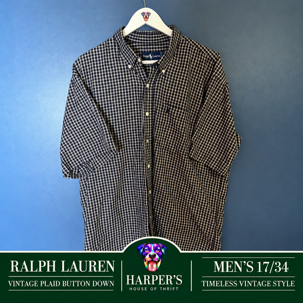 Vintage Ralph Lauren Short Sleeve Button Down Shirt Navy Check Plaid 17-34 Y2K