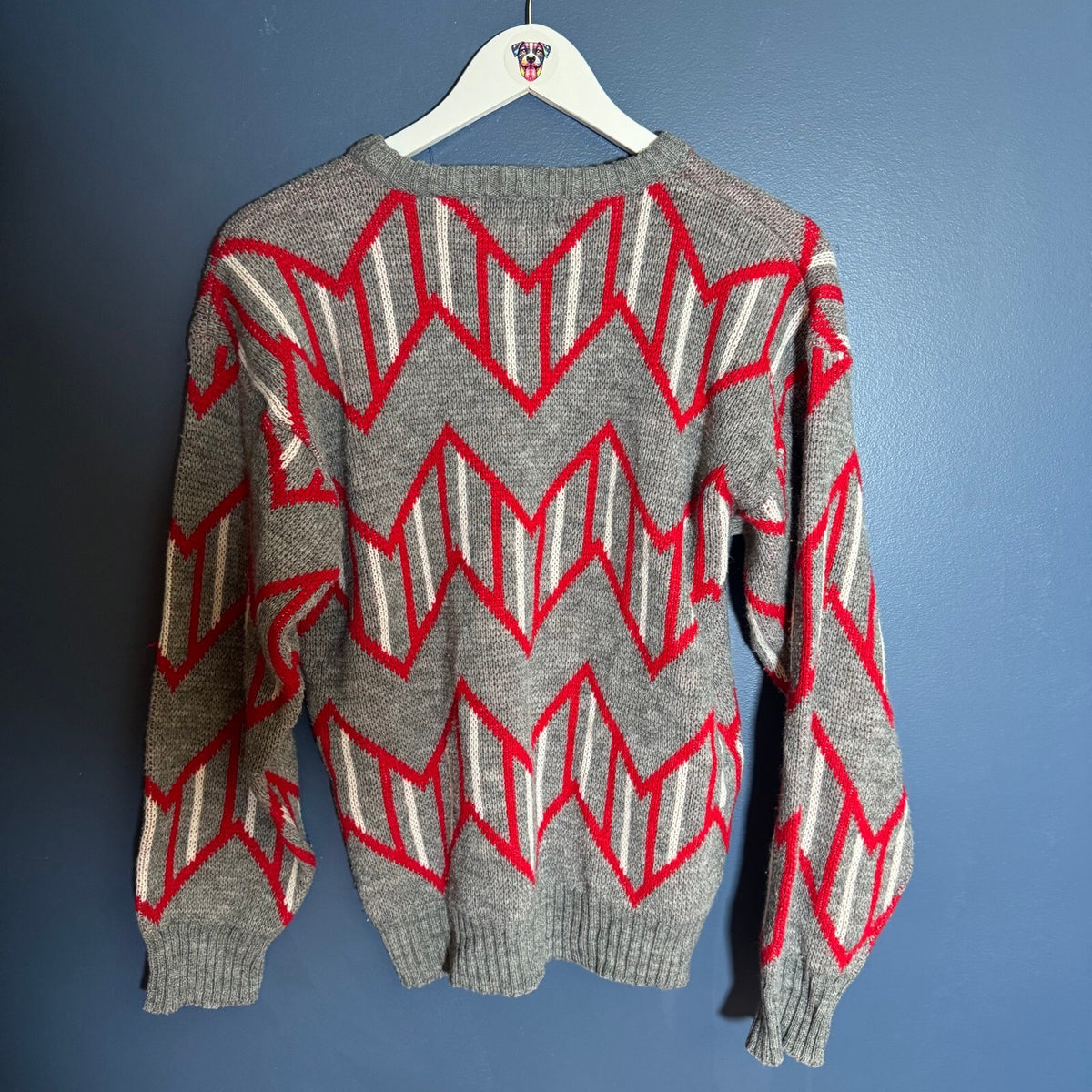 Vintage Club Europe Geometric Chevron Knit Crewneck Sweater Gray Red M