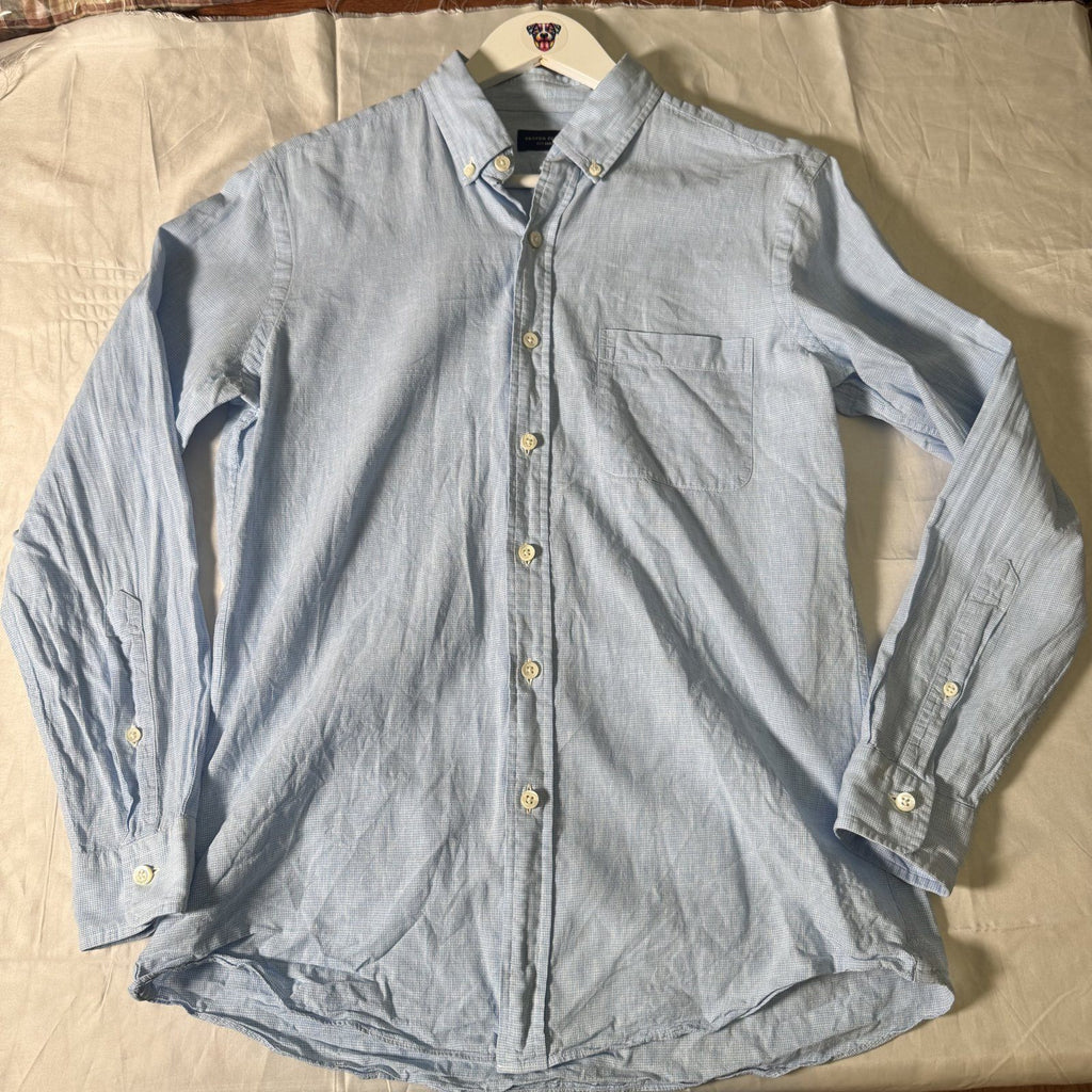 Proper Cloth Men's Custom Button Down Shirt Light Blue Check Linen Blend Aprx S