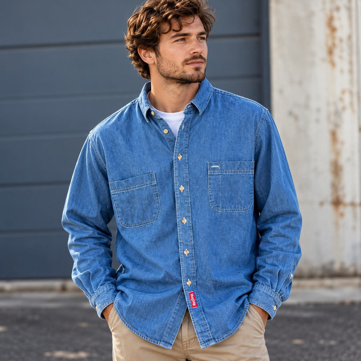 Vintage Marlboro Denim Button Down Shirt Long Sleeve Blue Made in USA Size M