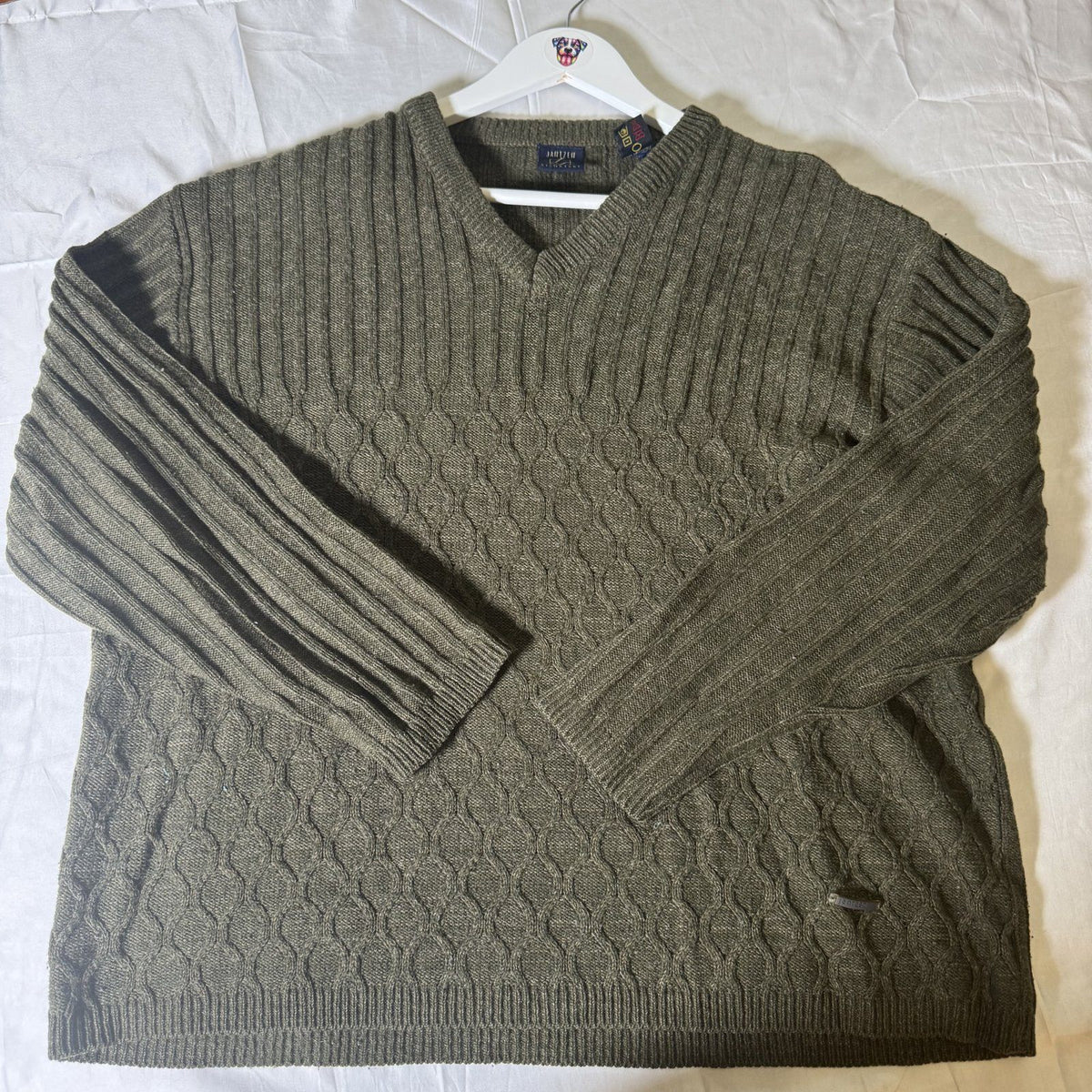 Vintage Jantzen Signature Olive Cable Knit V-Neck Sweater Made In Korea Sz L