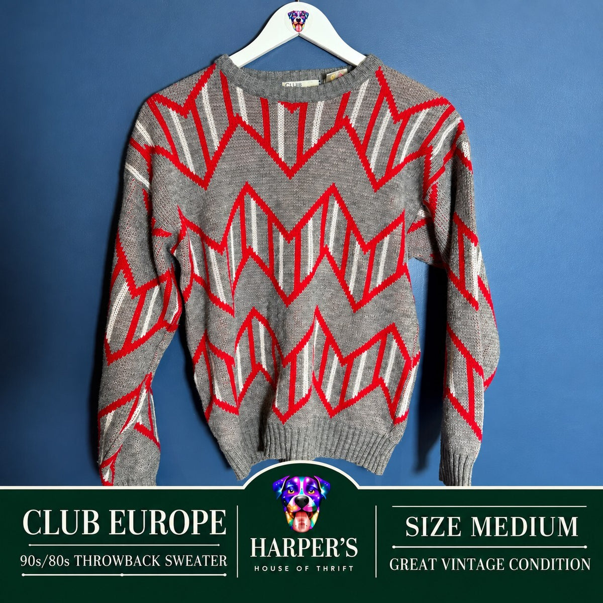 Vintage Club Europe Geometric Chevron Knit Crewneck Sweater Gray Red M