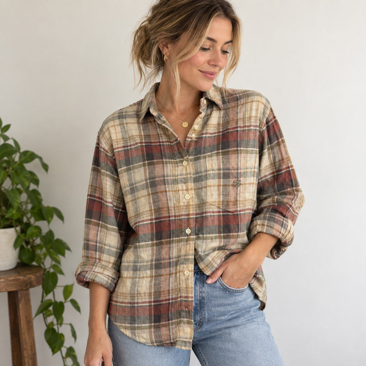 Vintage Lauren Ralph Lauren Linen Plaid Button-Up Shirt Tan Rust Size S RL Logo