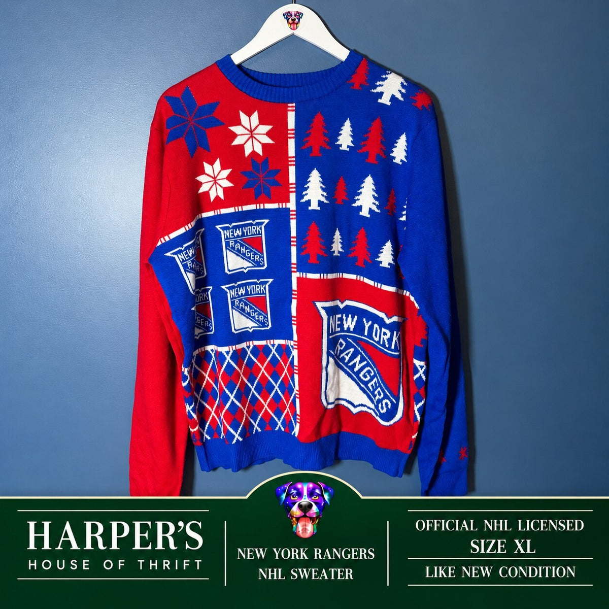 New York Rangers, NHL Christmas Sweater by FOCO fan gear, Mens XL