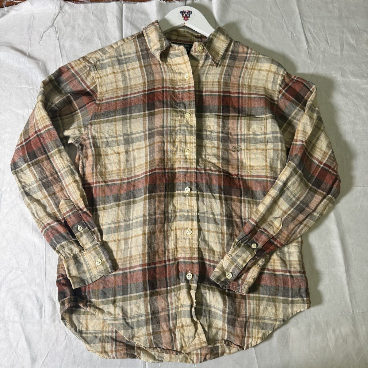 Vintage Lauren Ralph Lauren Linen Plaid Button-Up Shirt Tan Rust Size S RL Logo