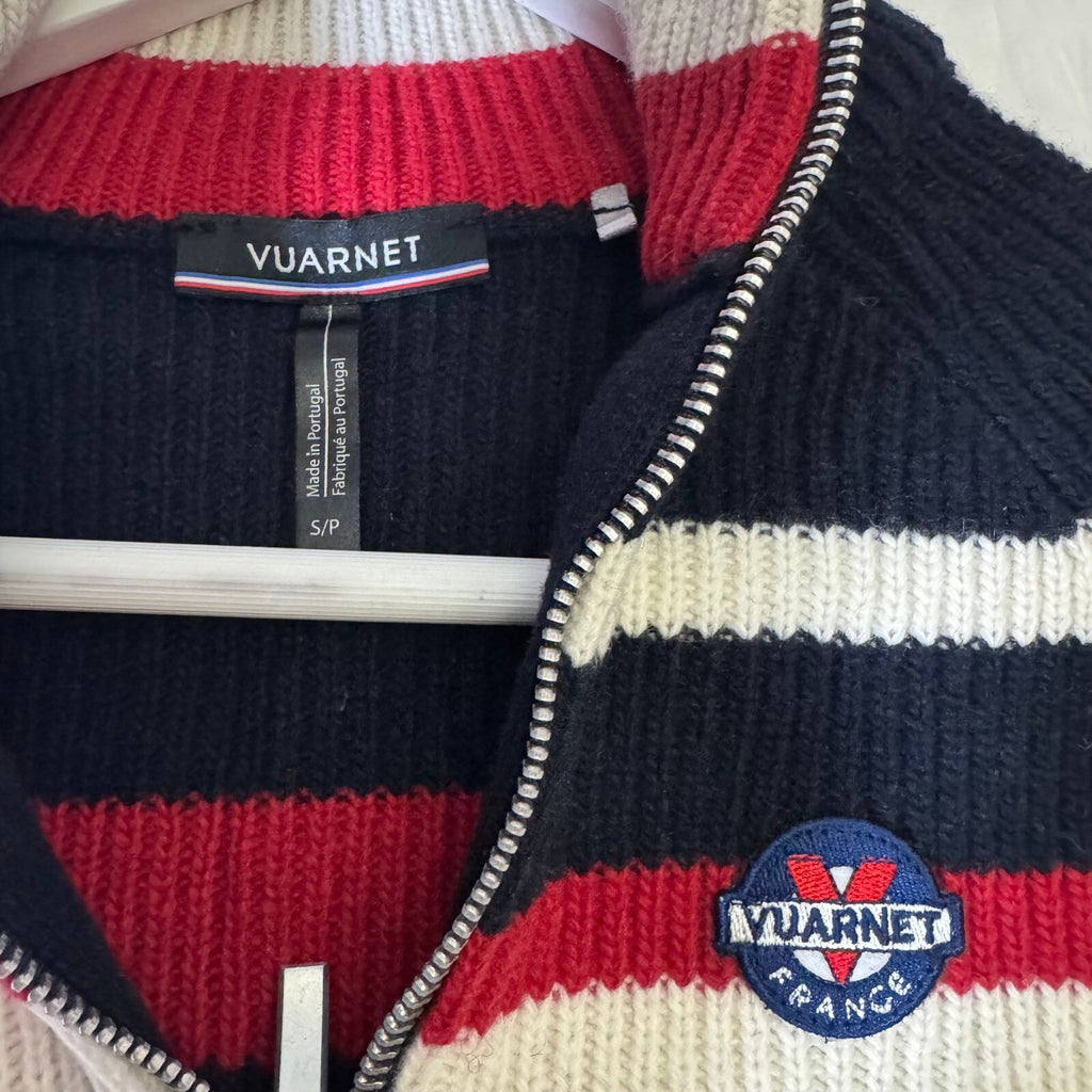 Vuarnet Half Zip Ribbed Wool Blend Ski Sweater Navy Red Cream Size S
