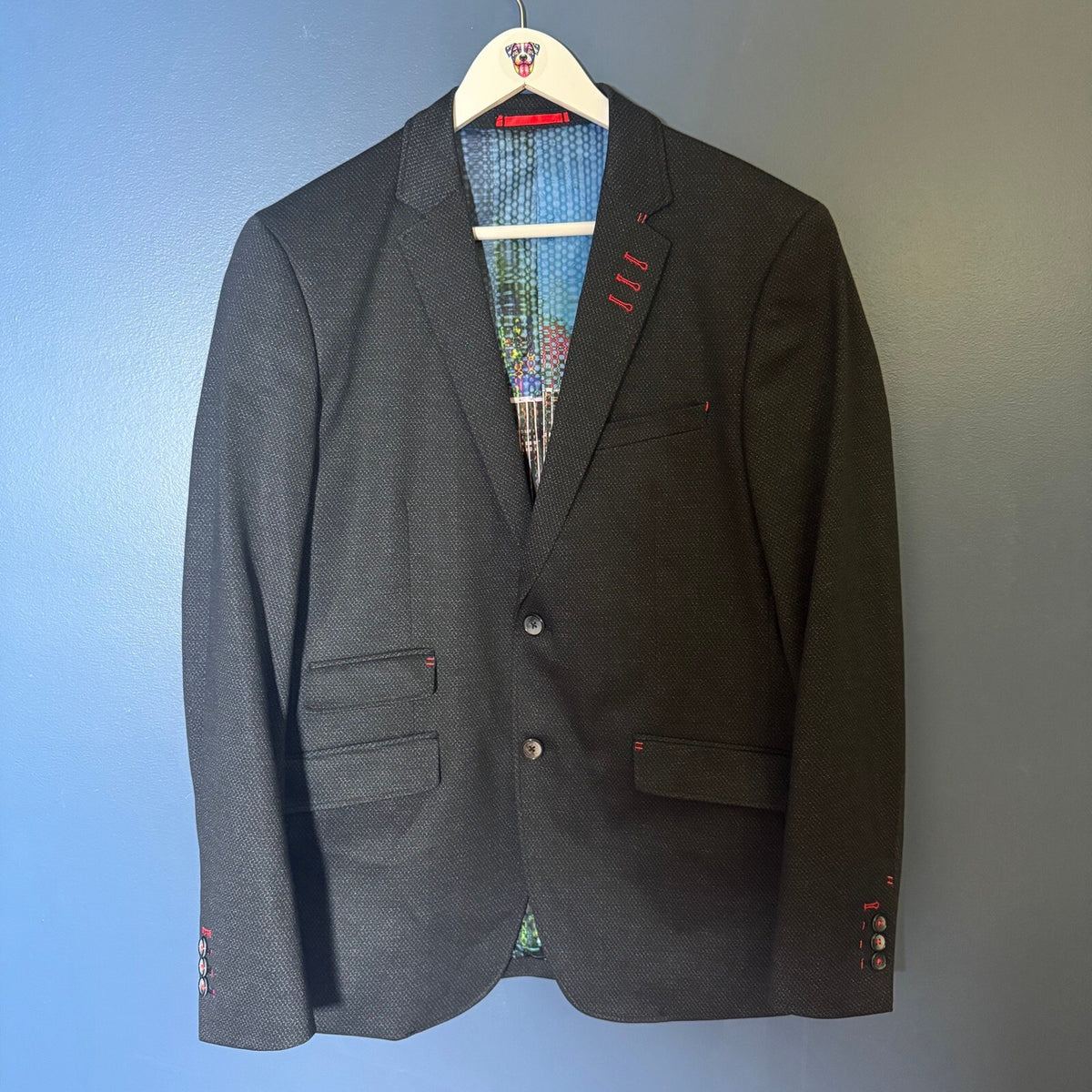 Au Noir Men's Slim Fit Sport Coat Blazer Charcoal Black Red Accents Size 40R
