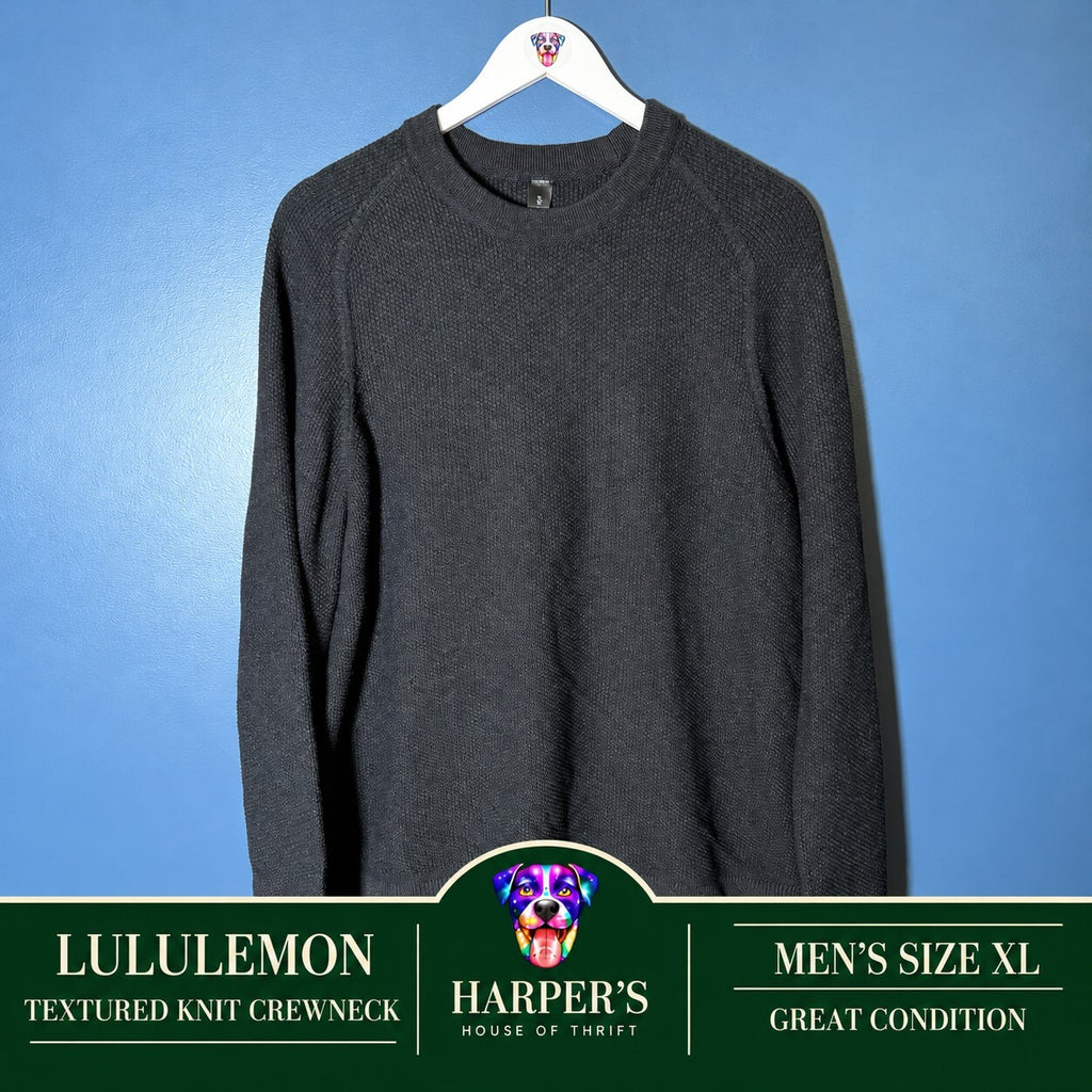 Lululemon Men's Textured Knit Crew Neck Sweater Charcoal Gray Pullover Size XL
