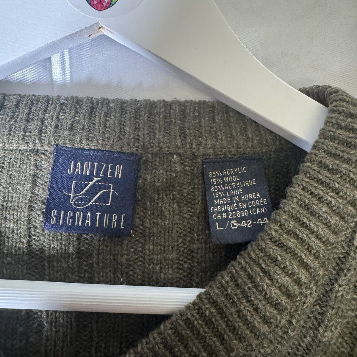 Vintage Jantzen Signature Olive Cable Knit V-Neck Sweater Made In Korea Sz L