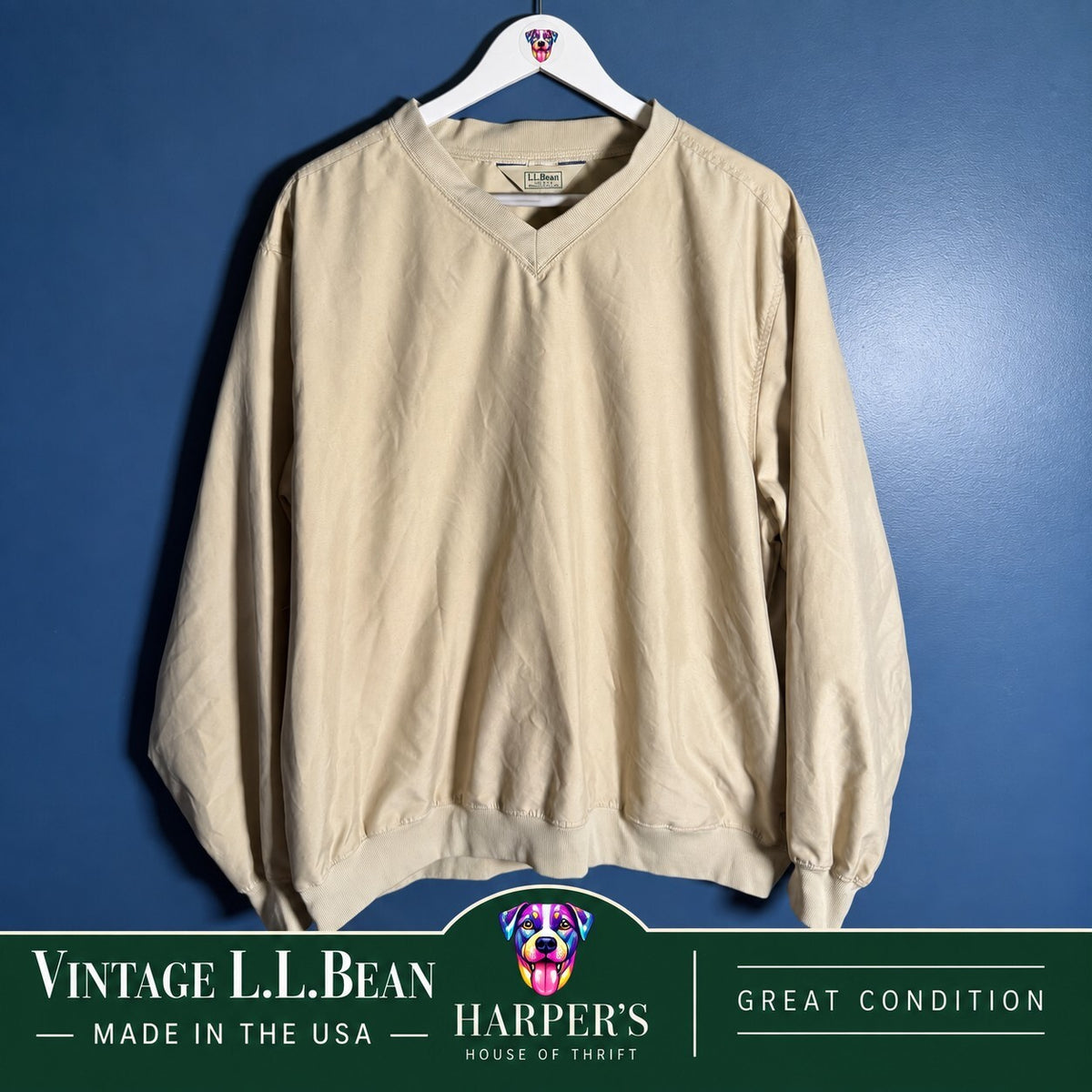 Vintage L.L.Bean Men's Wind Pullover V-Neck Shirt Tan Size Large Made in USA