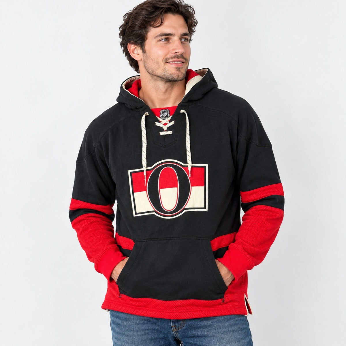 CCM Ottawa Senators Lace-Up Hockey Hoodie NHL Black Red Size M Vintage Style