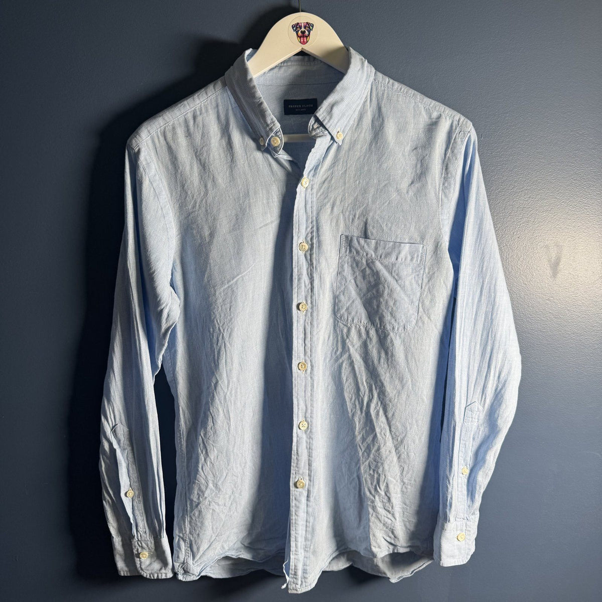 Proper Cloth Men's Custom Button Down Shirt Light Blue Check Linen Blend Aprx S