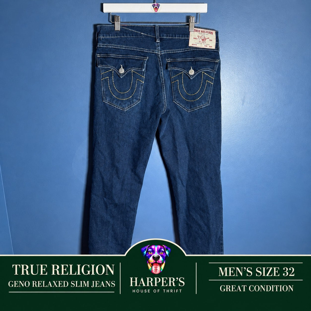 True Religion Geno Relaxed Slim Men's Jeans Dark Wash Stretch Denim Size 32 x 32