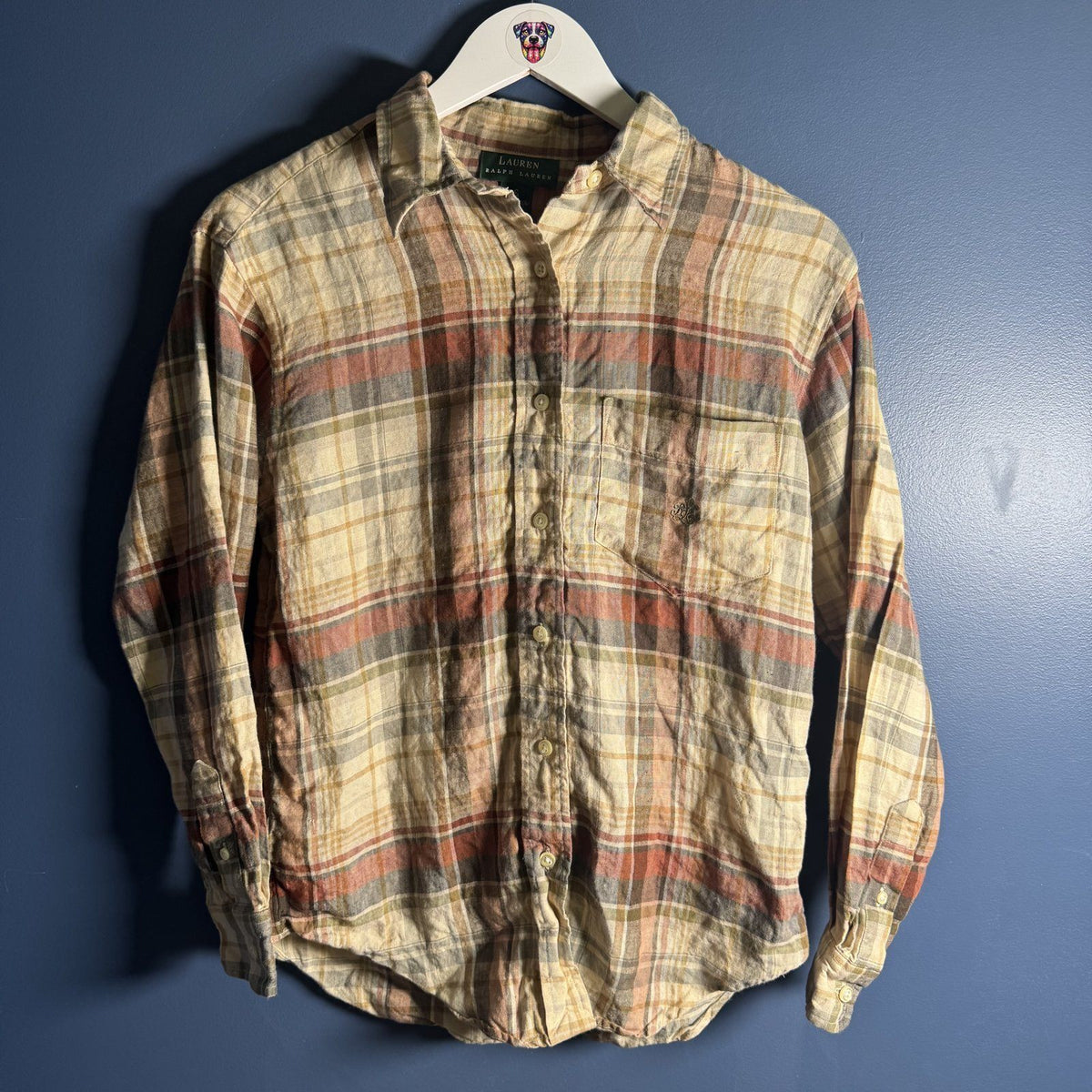 Vintage Lauren Ralph Lauren Linen Plaid Button-Up Shirt Tan Rust Size S RL Logo
