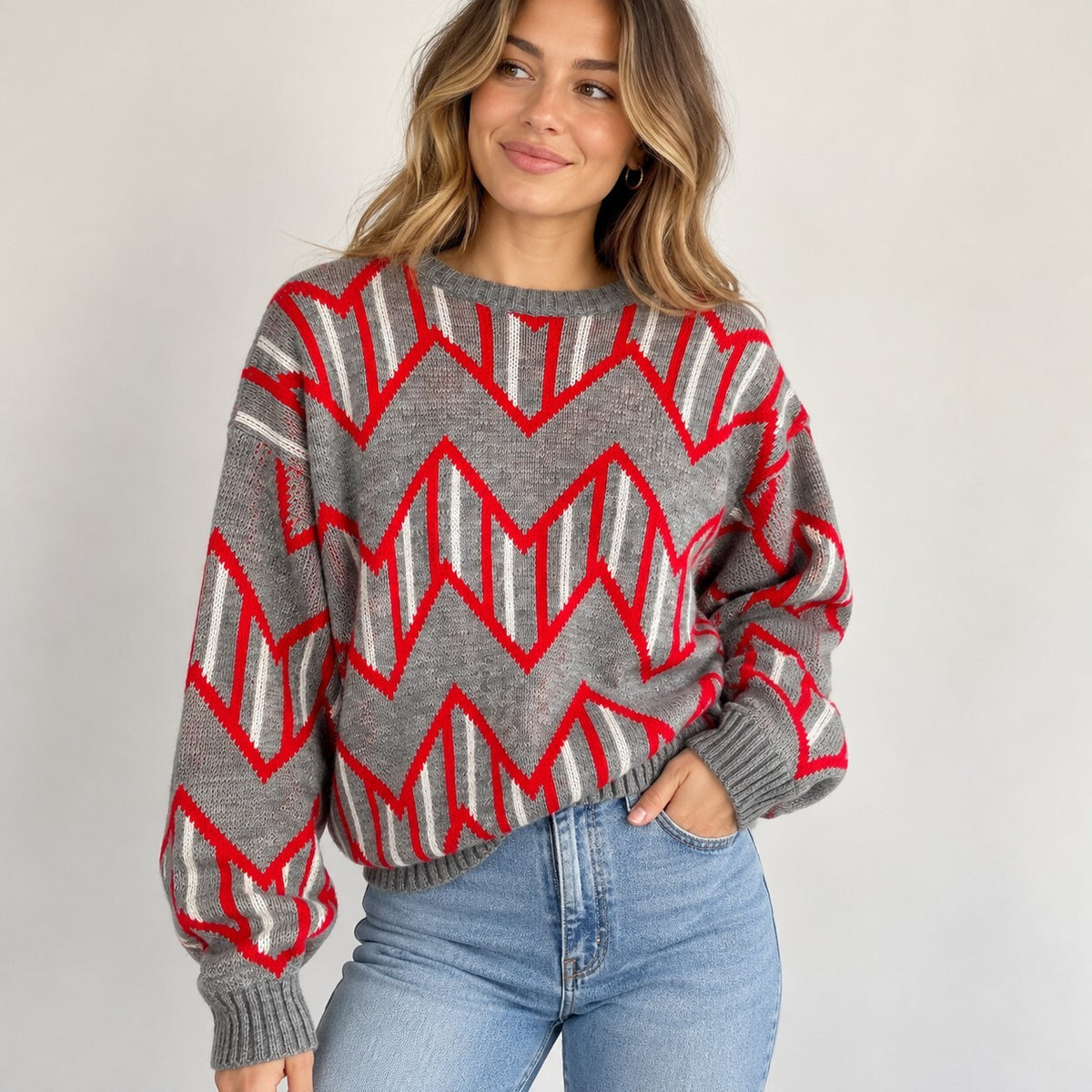 Vintage Club Europe Geometric Chevron Knit Crewneck Sweater Gray Red M