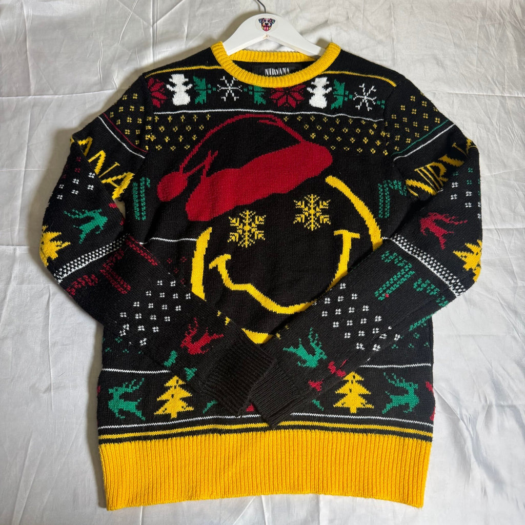 Nirvana Smiley Face Ugly Christmas Sweater Santa Hat Black Yellow Knit Size S