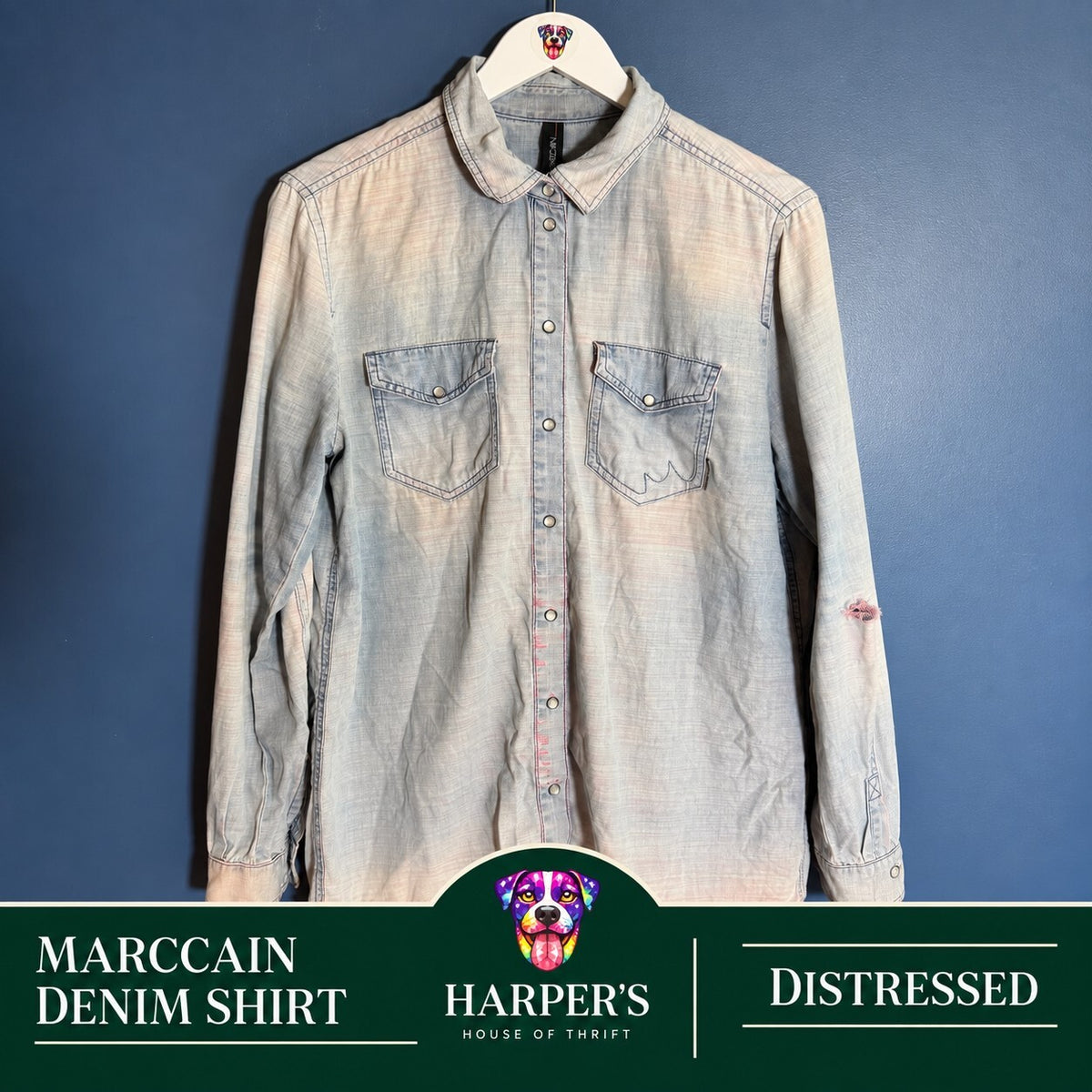 Marc Cain Women's Light Wash Chambray Distressed Denim Button Snap Shirt Size N4
