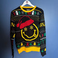 Nirvana Smiley Face Ugly Christmas Sweater Santa Hat Black Yellow Knit Size S