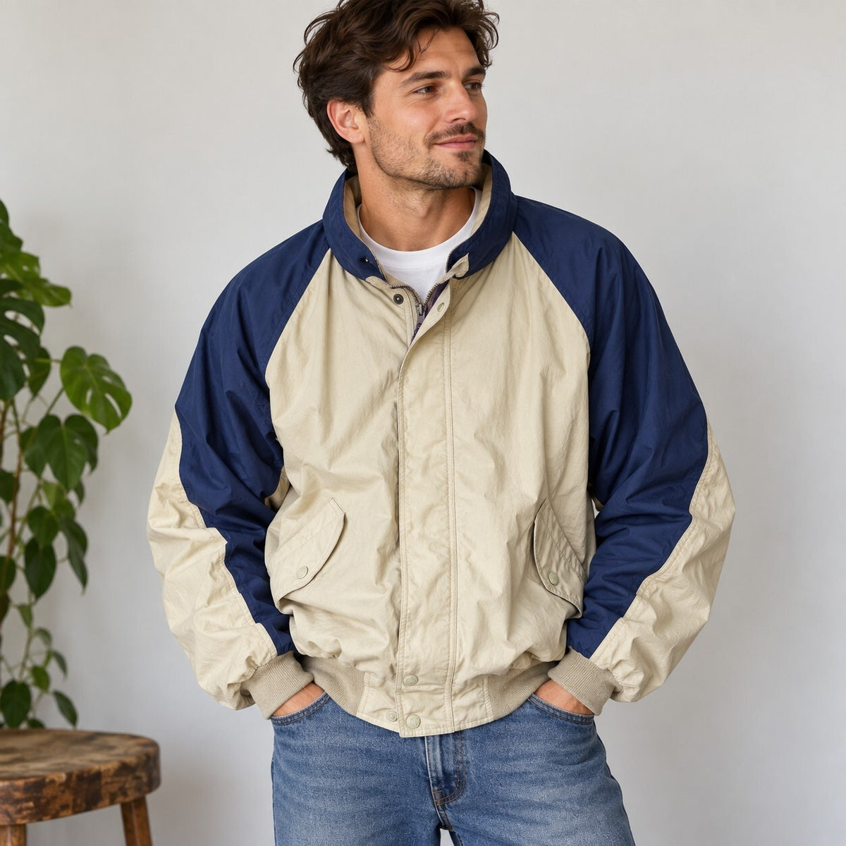 Vintage Eddie Bauer Outdoor Colorblock Windbreaker Jacket Mens XL Blue Beige 90s
