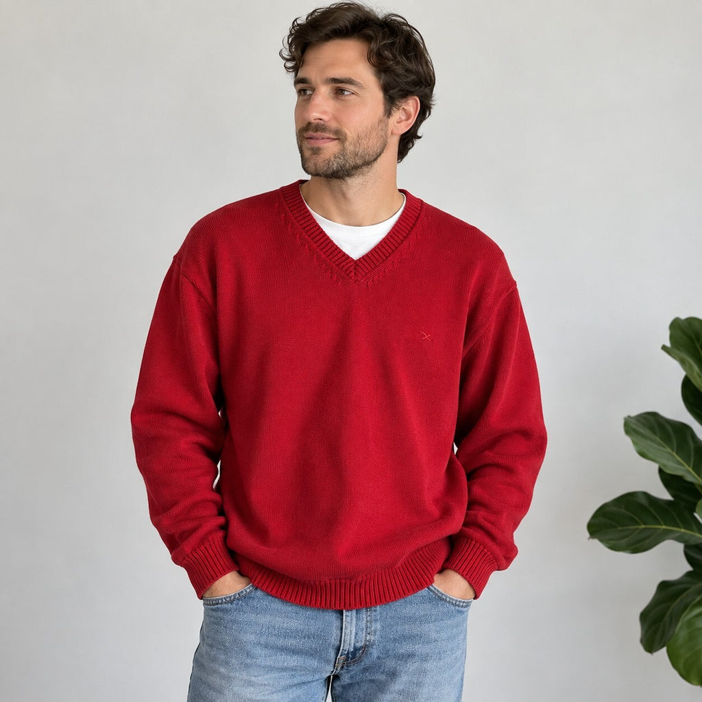 Vintage 90s Eddie Bauer Red Cotton V-Neck Sweater Made in Hong Kong XL