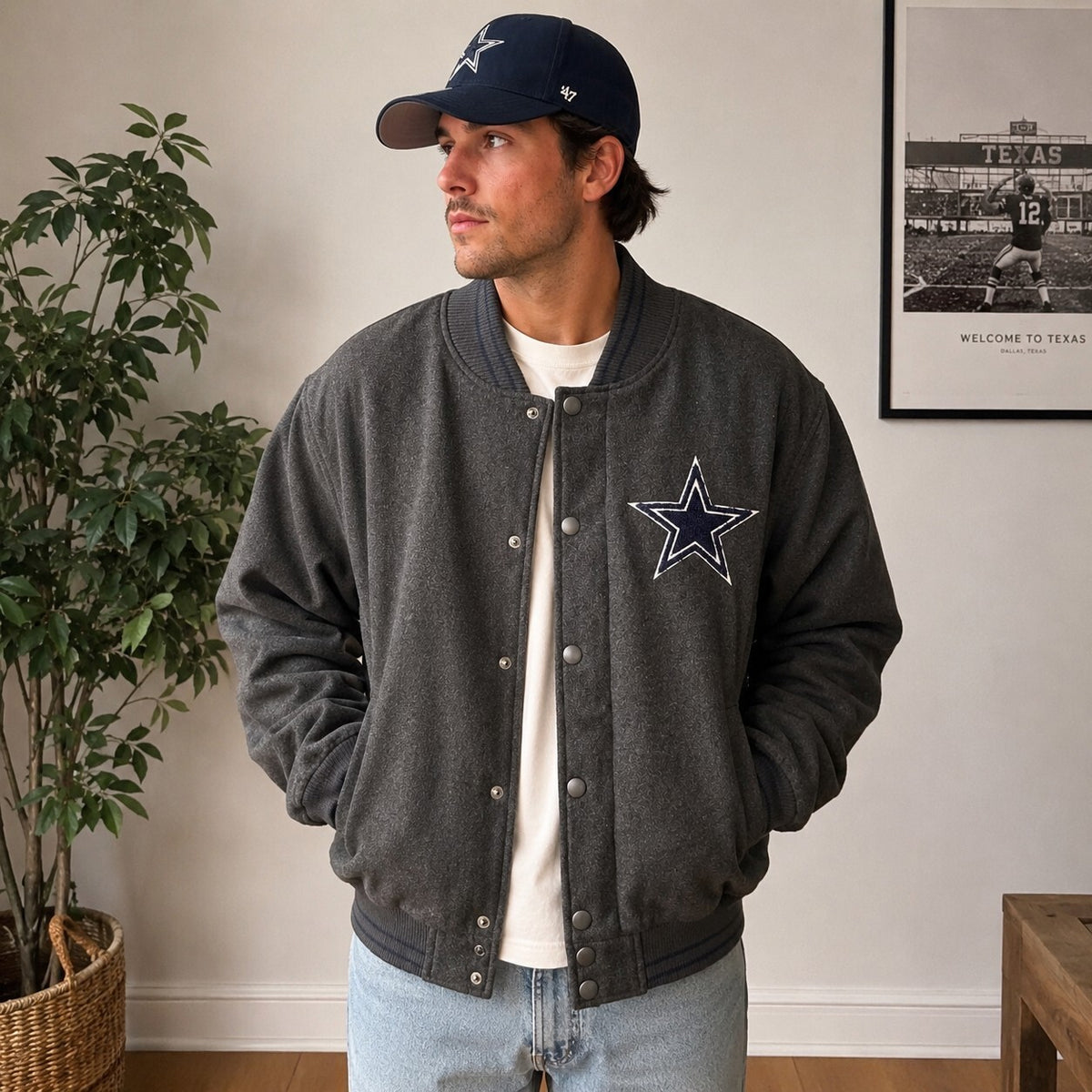 Dallas Cowboys Varsity Jacket, Retro Grey w/ Blue Star Logo, Padded, Mens Large