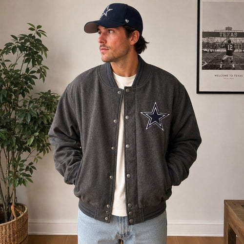 Dallas Cowboys Varsity Jacket, Retro Grey w/ Blue Star Logo, Padded, Mens Large