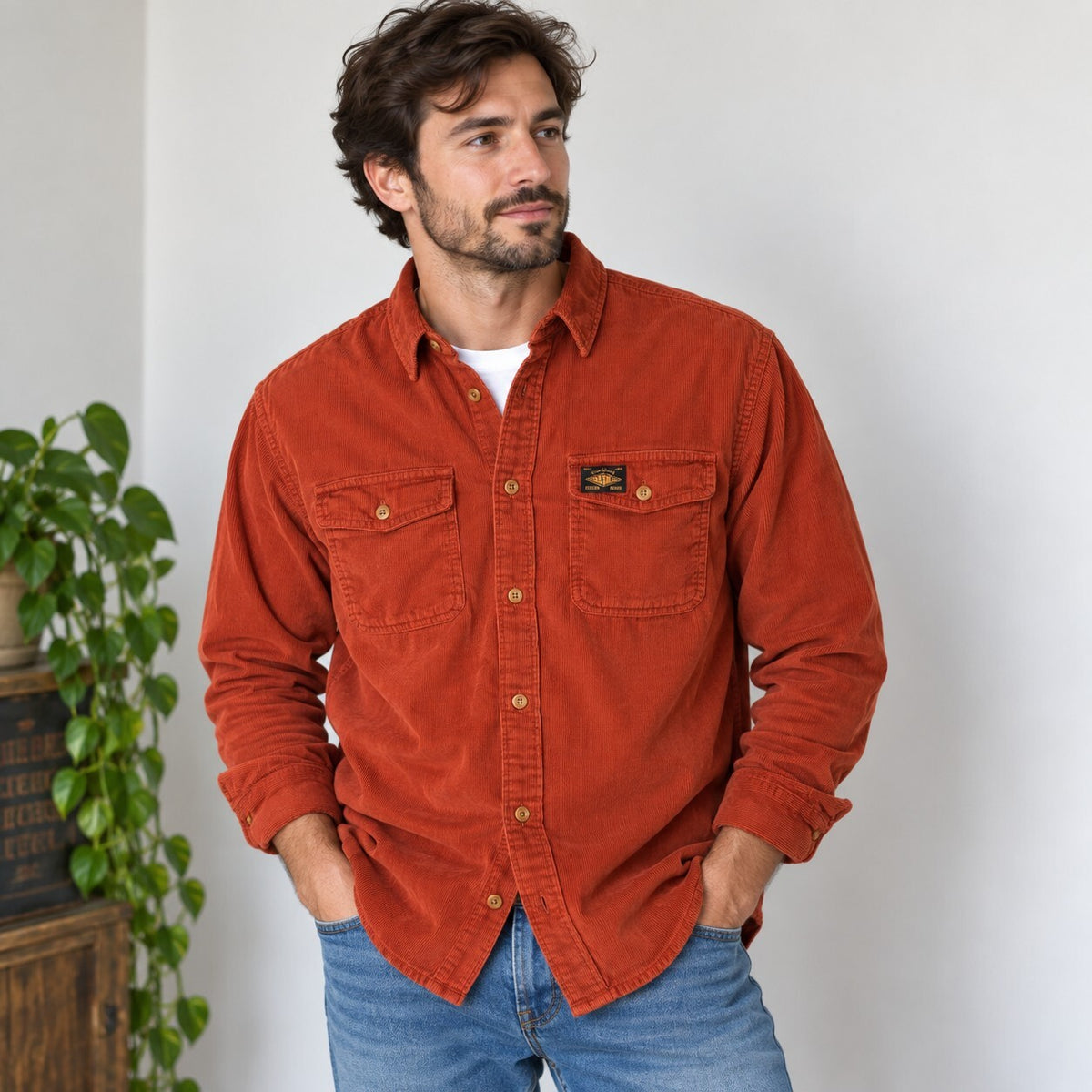Superdry Machined Goods Corduroy Workwear Shirt Men’s Medium Rust Orange