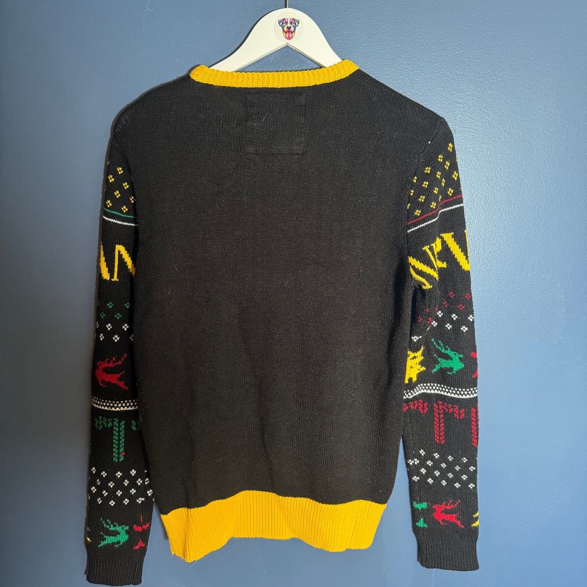 Nirvana Smiley Face Ugly Christmas Sweater Santa Hat Black Yellow Knit Size S