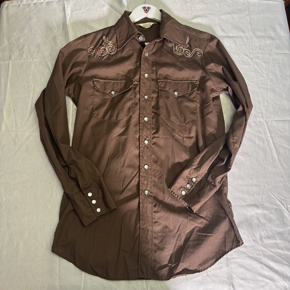 Vintage 70s Lariat Women’s Brown Embroidered Western Pearl Snap Shirt Canada M