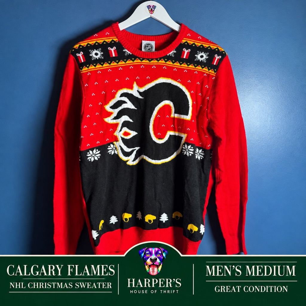 Calgary Flames Ugly Christmas Sweater NHL Official Licensed Red Black Size M