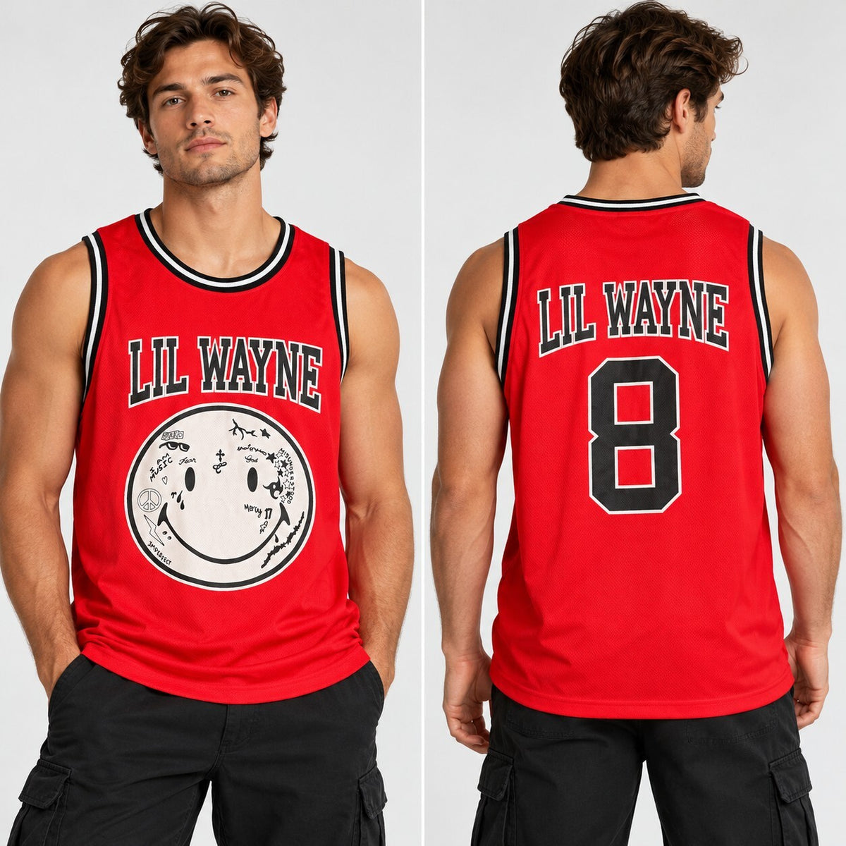 Lil Wayne 2022 Smiley Face Basketball Jersey Red #8 Hip Hop Unisex Small