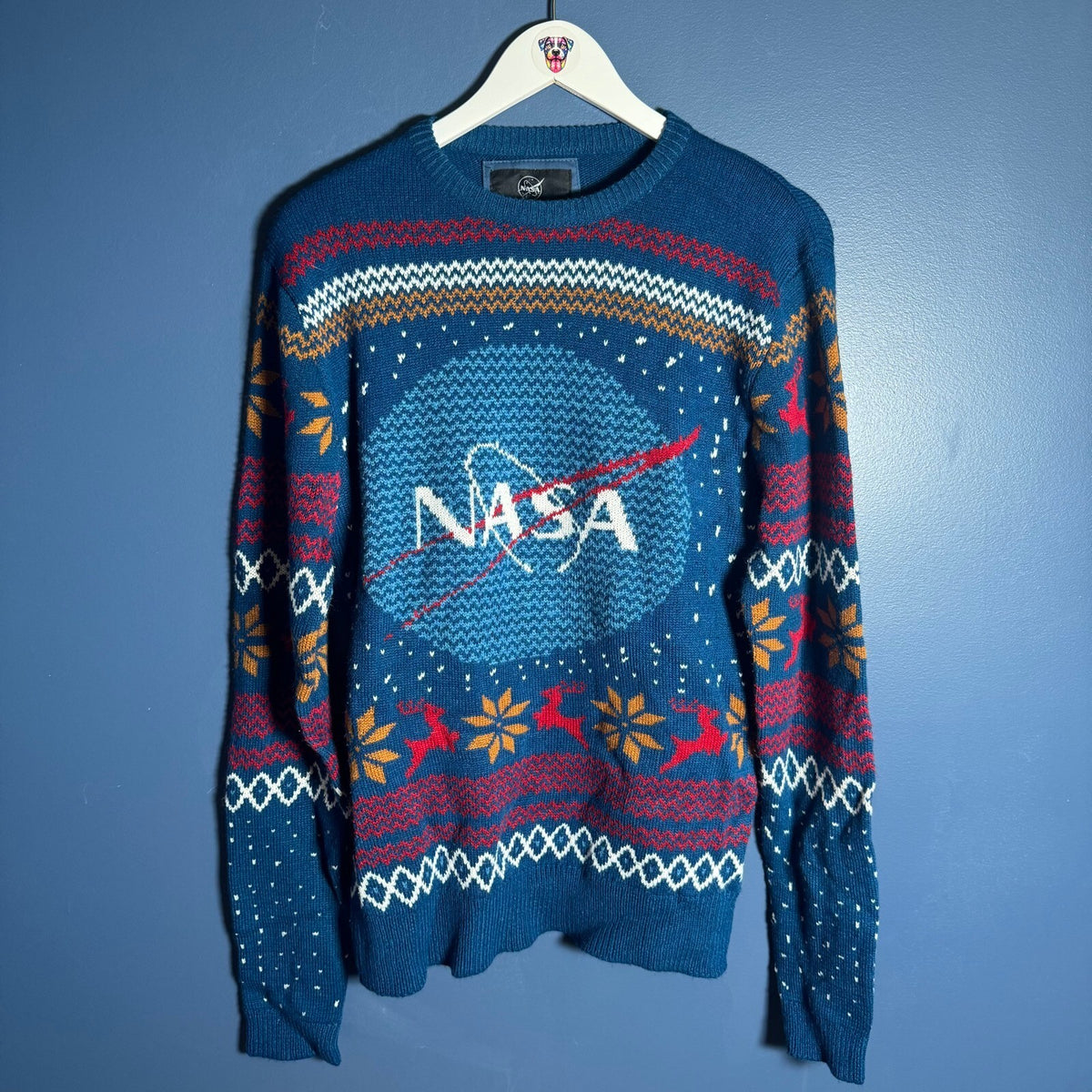 NASA Meatball Logo Ugly Christmas Sweater Fair Isle Knit Blue Size M