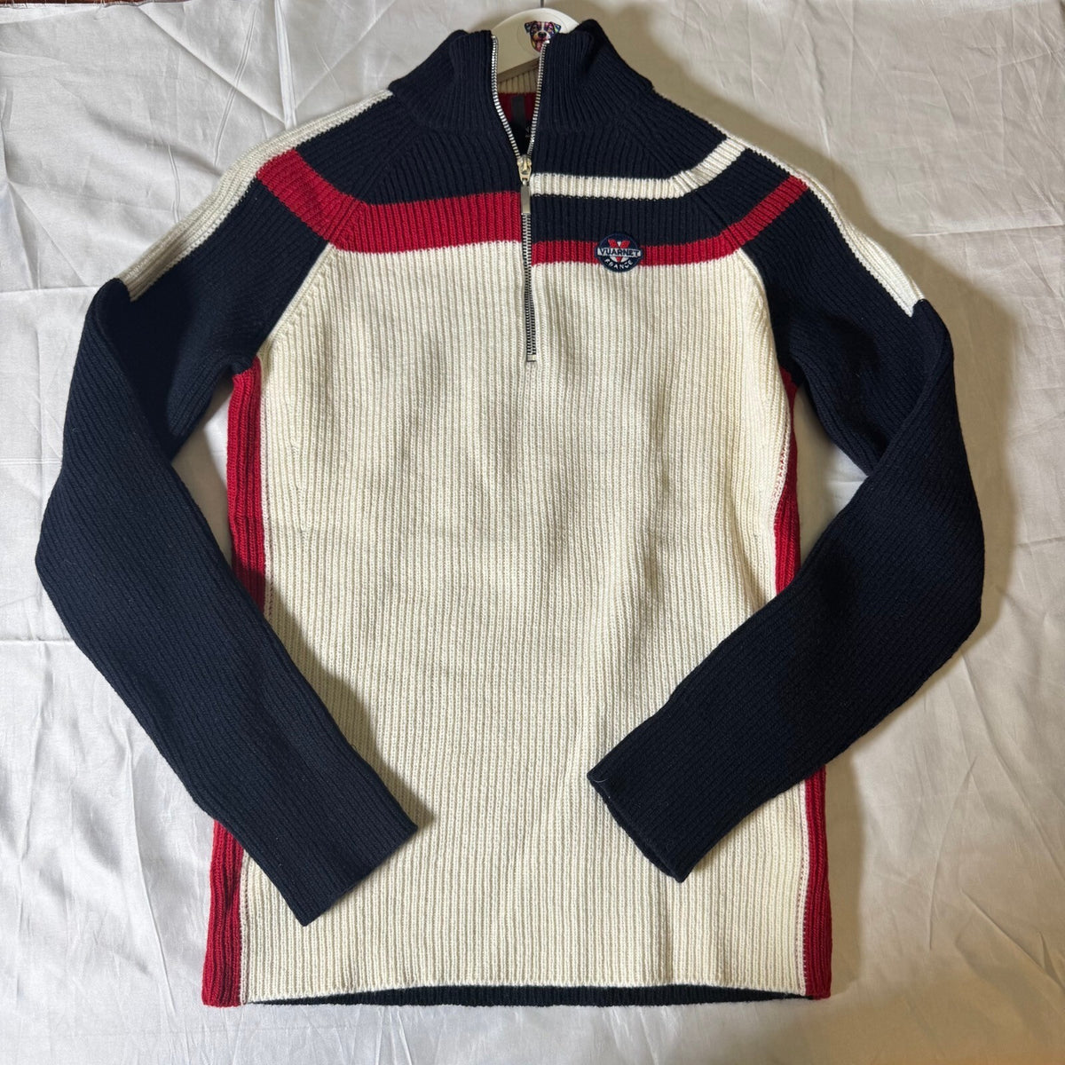 Vuarnet Half Zip Ribbed Wool Blend Ski Sweater Navy Red Cream Size S
